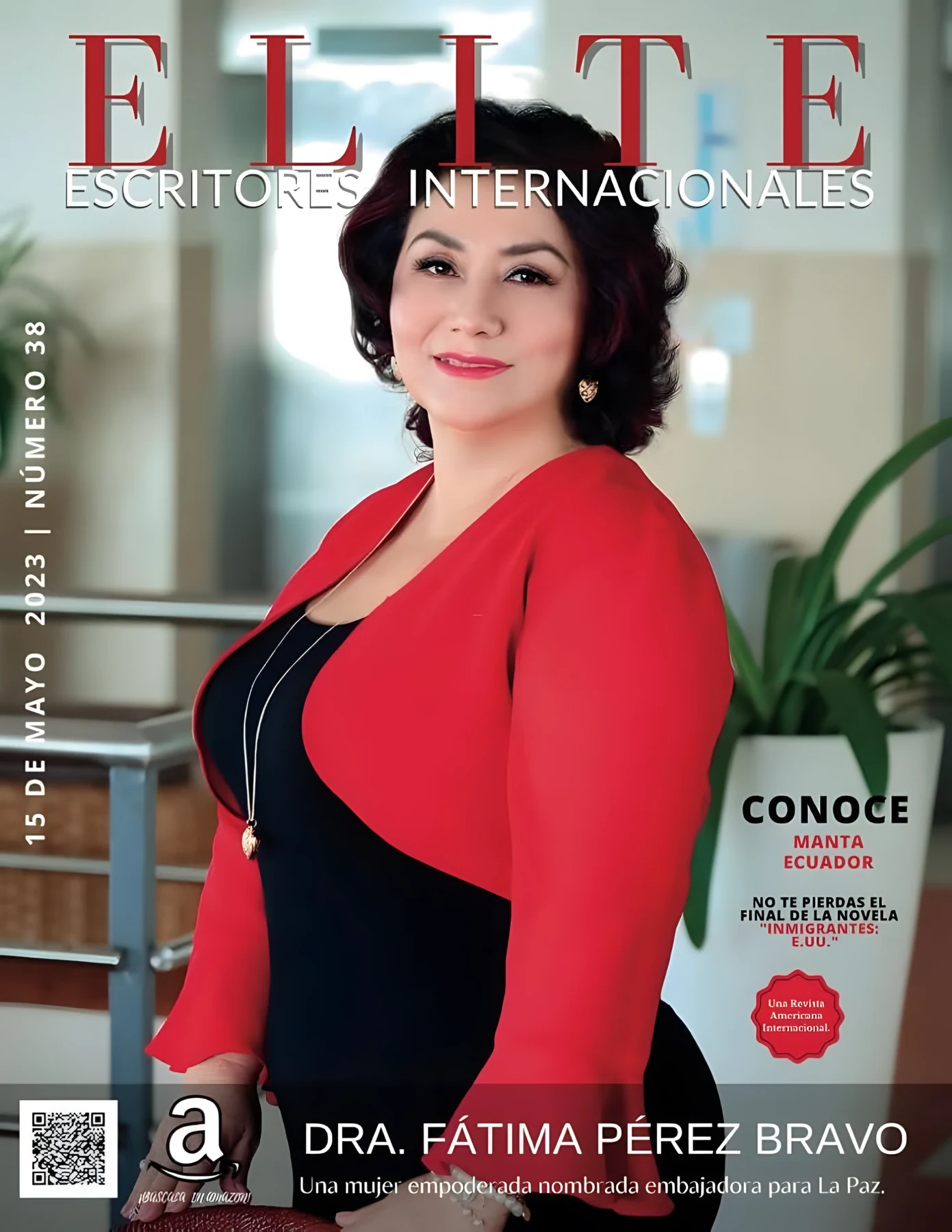 Portada de la revista ELITE Escritores Internacionales, edición 38, con la Dra. Fátima Pérez Bravo