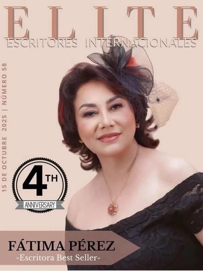 Portada de la revista ELITE Escritores Internacionales, edición 58, cuarto aniversario, con Fátima Pérez, escritora best seller