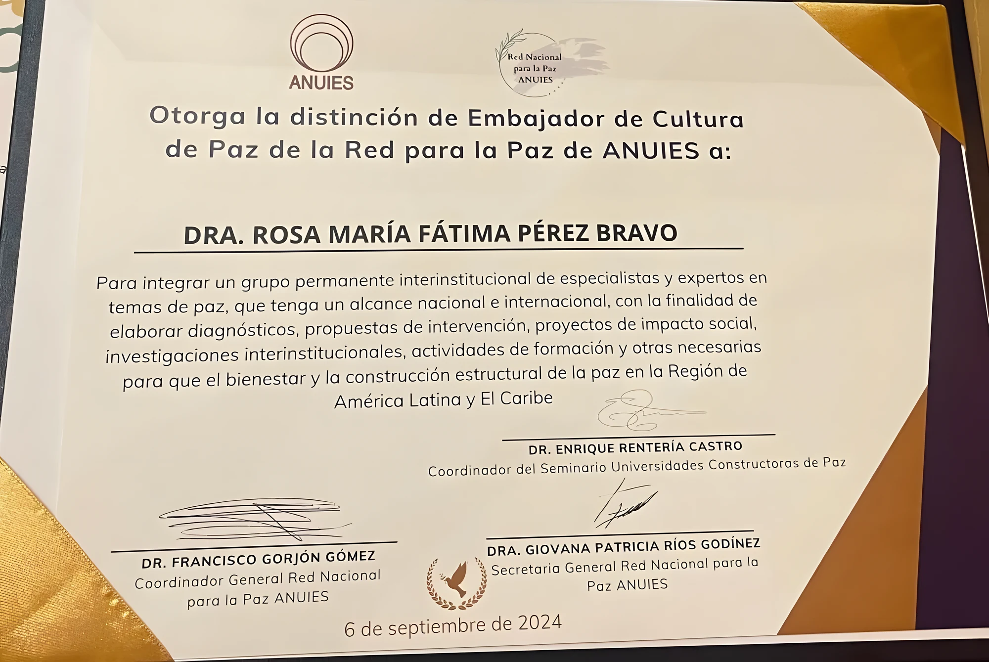 Embajadora de Cultura de Paz. Red Nacional para la Paz, ANUIES · 2024