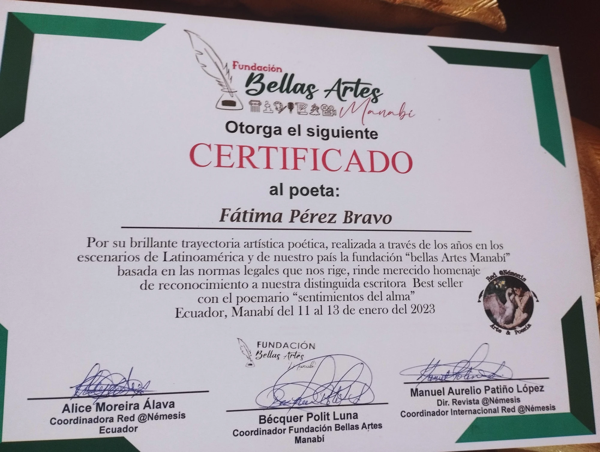 Certificado al poeta. Fundación Bellas Artes Manabí · 2023