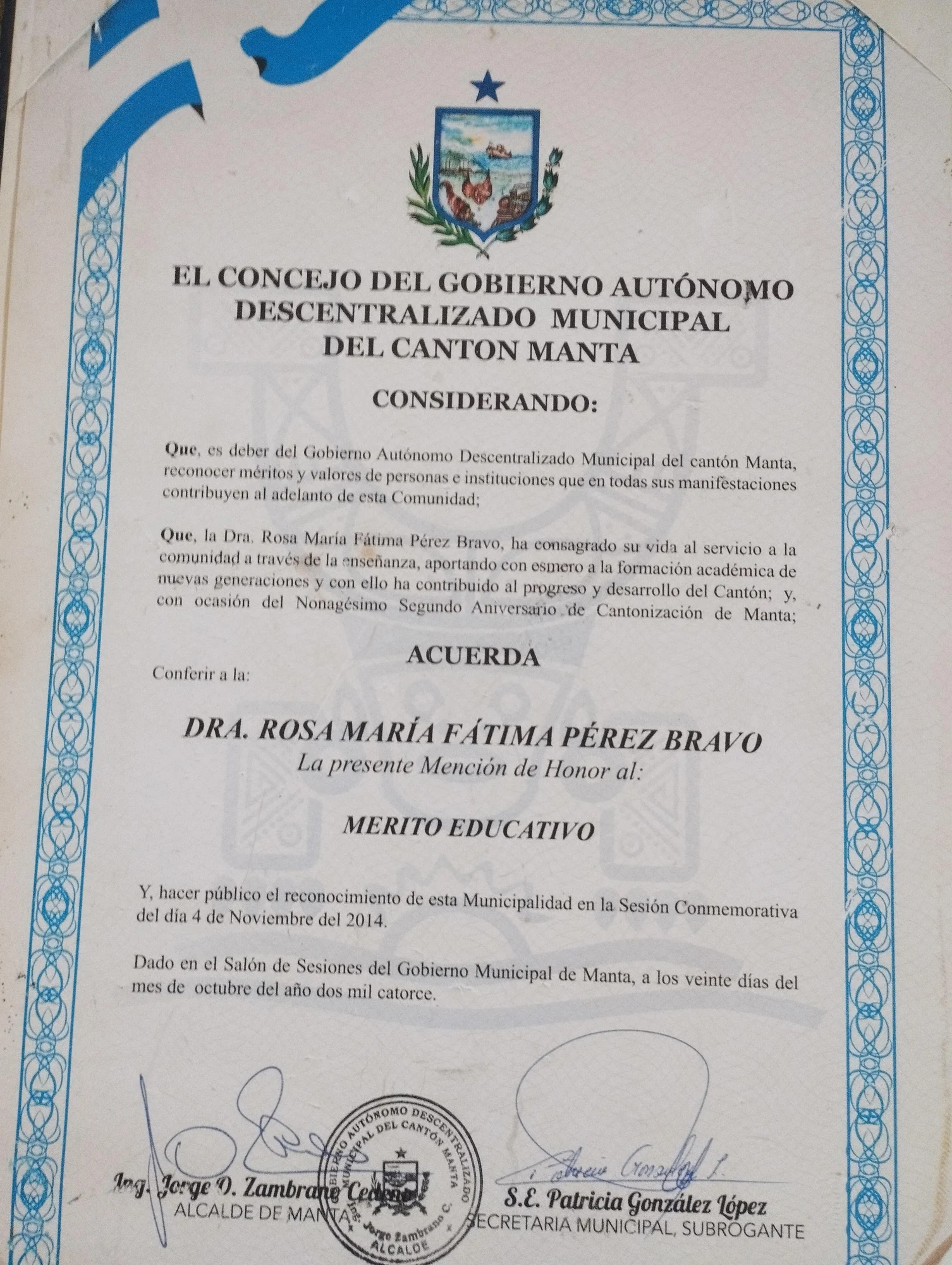 Mérito Educativo. Concejo Municipal de Manta