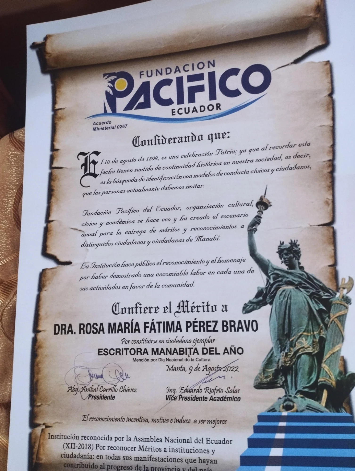 Escritora Manabita del Año. Fundación Pacífico · 2022