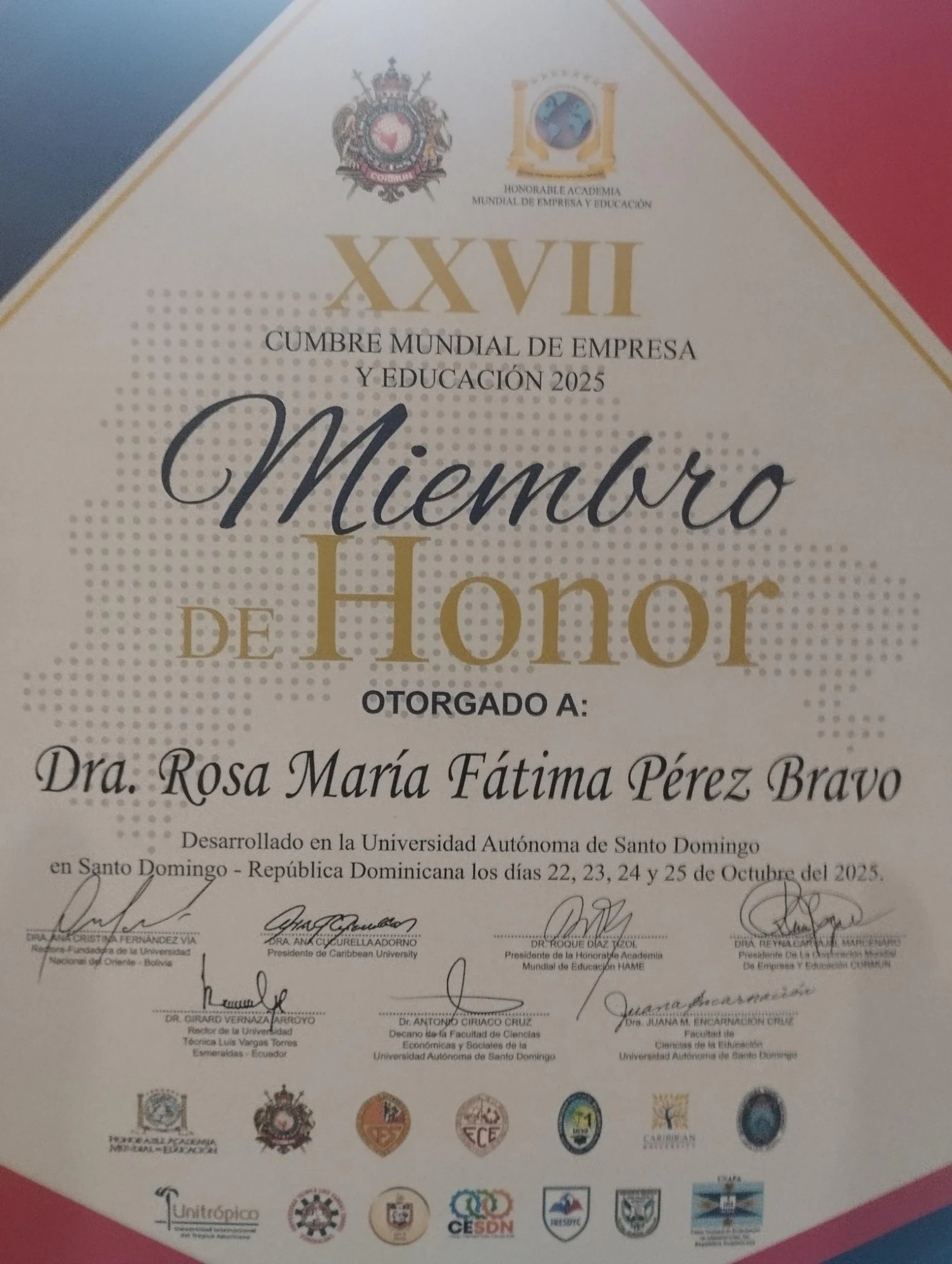 Miembro de Honor. Cumbre Mundial de Empresa y Educación · 2025