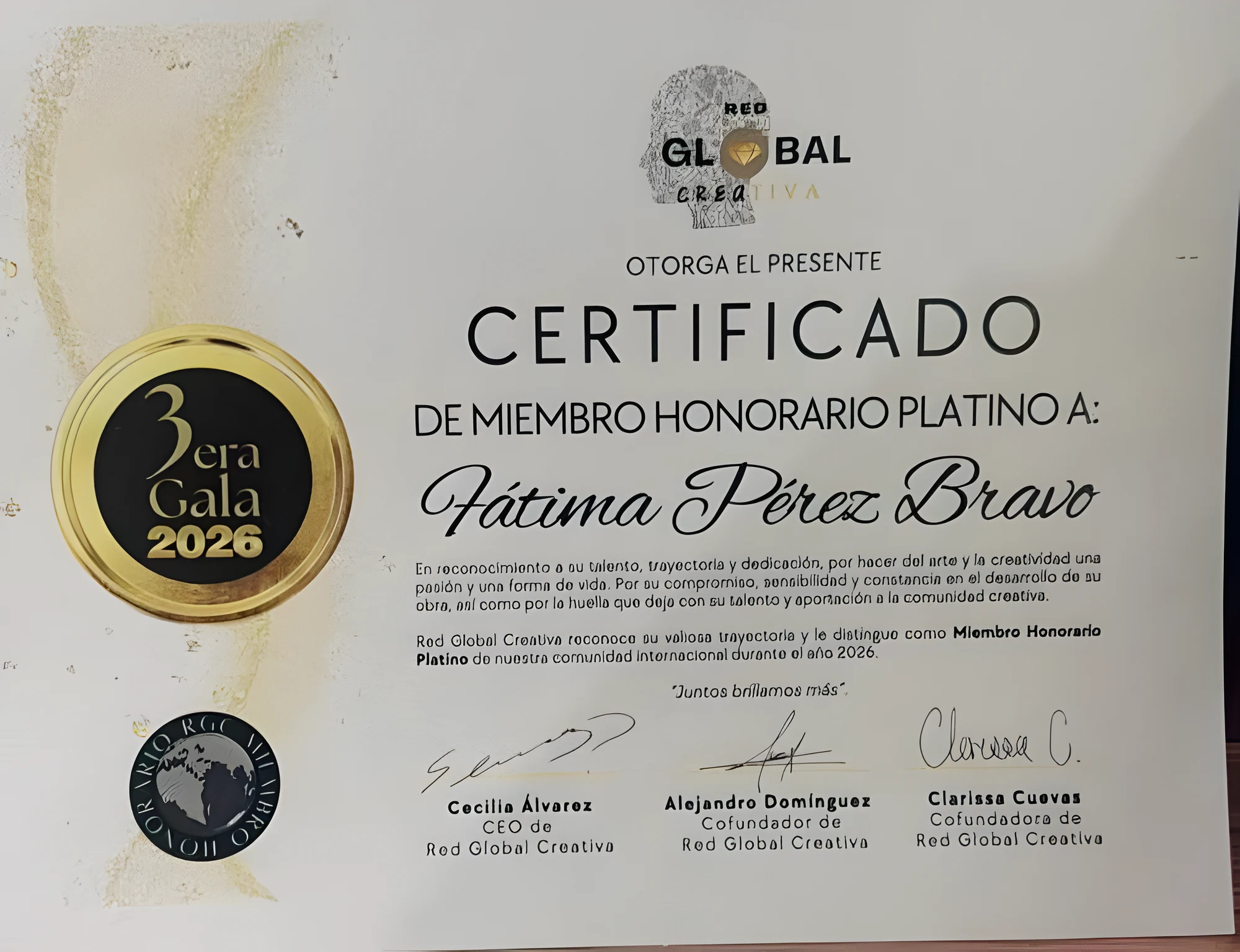 Miembro Honorario Platino. Red Global Creativa · 2026