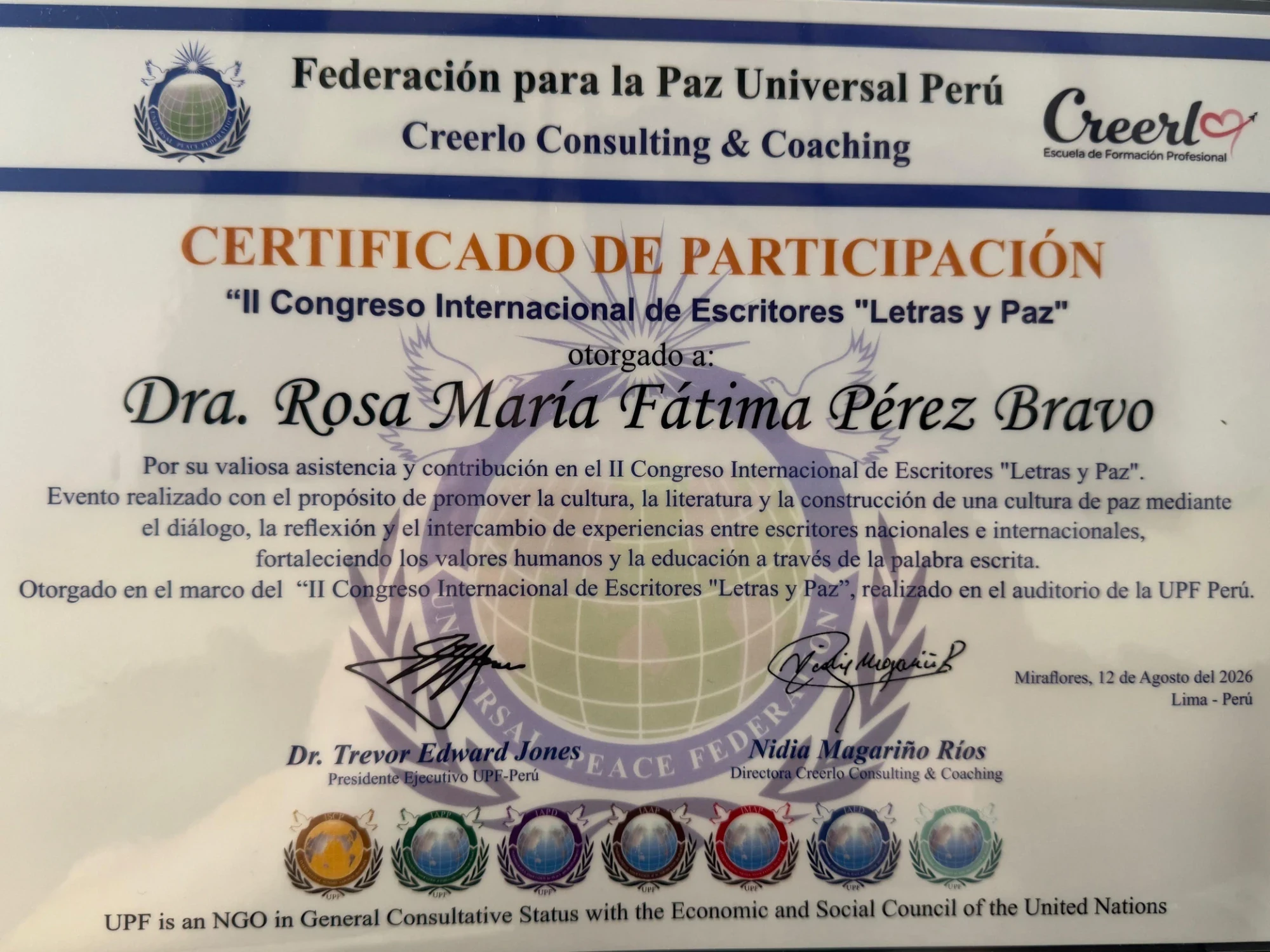 II Congreso Internacional de Escritores «Letras y Paz». UPF Perú y Creerlo · Miraflores, Lima · 2026